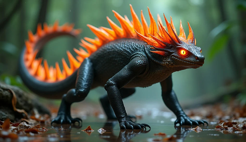 black reptile looking forward, head entirely red, rest of the body very black and dark, red tongue, big fit ass, with reptilian hands, bio-luminescent, glare eyes, In floor, Colorful Hands, poucas penas vermelhas no corpo bio-luminescent, língua bio-luminescent