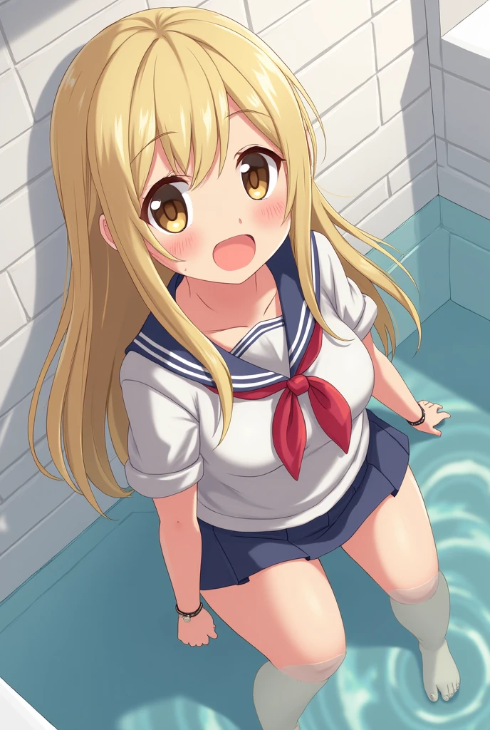 Cool girl，in a swimming pool，swimmning，wash her long hair，A very, Very long ponytail，Extra-long hair，Flip the hair， 2d ，Japanese anime， female high-school student，Best quality at best, fully body photo。