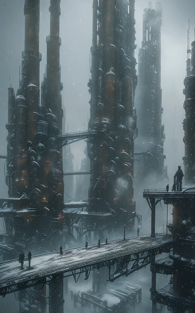 WasteLand, scenery, building, snowing, outdoors, city, science fiction, standing, sky, fog, solo, bridge, 1boy,