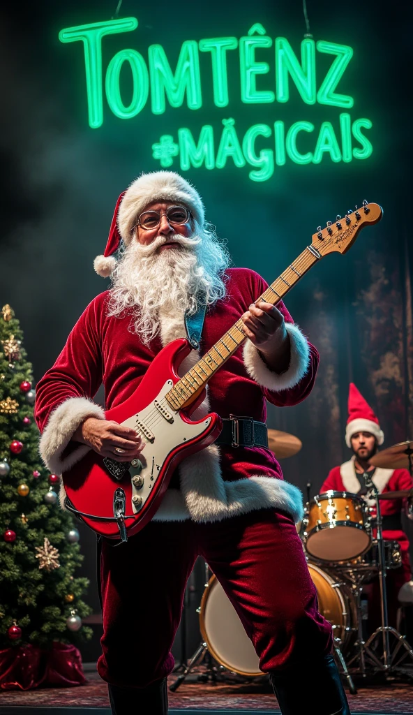 A cinematic Photorealistic lips of a beautiful Santa satanding on a rock stage playing an red and white fender stratocaster ,big smile on his face in the backbgound several of santas elfs are playing drums, bass and guitars , silk and pompous , lots of candels and christmas ornaments in the stage and two decorated christmas trees, soft beautiful light, (a big green neon sign over the stage with the text " TOMTENZ") magicaly. stunning picture, Full view of the woman