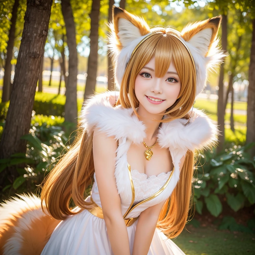 ( Masterpiece, highest quality), 98k, ((Perfect Anatomy:1.3)),Beautiful Japanese Women, Succubus,alone, 20-year-old, Small face,(Cute face:1.2),Smiling, Larger breasts, ,Beautifully detailed round eyes, Evenly spaced eyes 1.2, Long platinum blonde hair,Random Hair, (Highly detailed face and skin texture), Beautiful face in golden proportions,White skin,Accentuate your beautiful legs,(Fox::1.2),(Fur dress:1.2),(Fluffy Fox Paw Gloves:1.2),(Fluffy tail),Random sexy poses, The background is the underworld