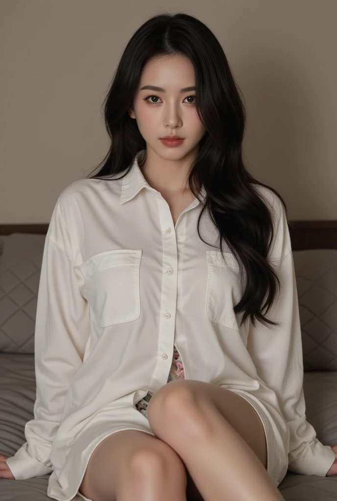 "The image portrays a woman with long, sleek black hair cascading over her shoulders, styled in soft, natural waves that frame her face. She exudes a sultry yet elegant allure, sitting on a bed in a casual, relaxed pose. Her attire consists of an oversized white button-up shirt, loosely worn with several buttons undone to reveal delicate floral-patterned undergarments, adding a subtle, feminine touch to the composition.

Her expression is calm and confident, with a direct gaze that draws the viewer's attention, complemented by soft makeup that highlights her features—defined eyebrows, lightly smoky eyes, a soft blush, and nude-pink lips.

The setting features a warm, cozy atmosphere with muted beige tones. A quilted bedspread in earthy gray tones provides a neutral background, while soft, ambient lighting enhances the mood, creating a sense of intimacy and warmth. The combination of her relaxed posture, minimalist setting, and carefully styled elements gives the image a sophisticated yet effortless aesthetic."