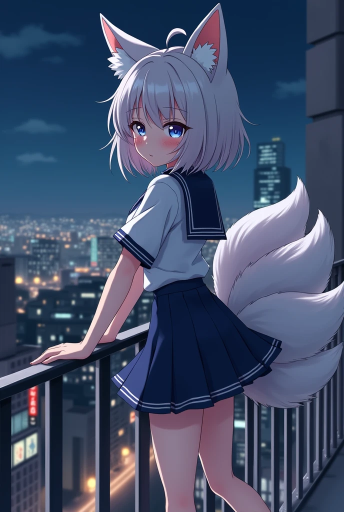 Anime nine-tailed fox girl with Japanese uniform have medium breast and super short student dress. She is leaning on railing at midnight. The city is under the railing.