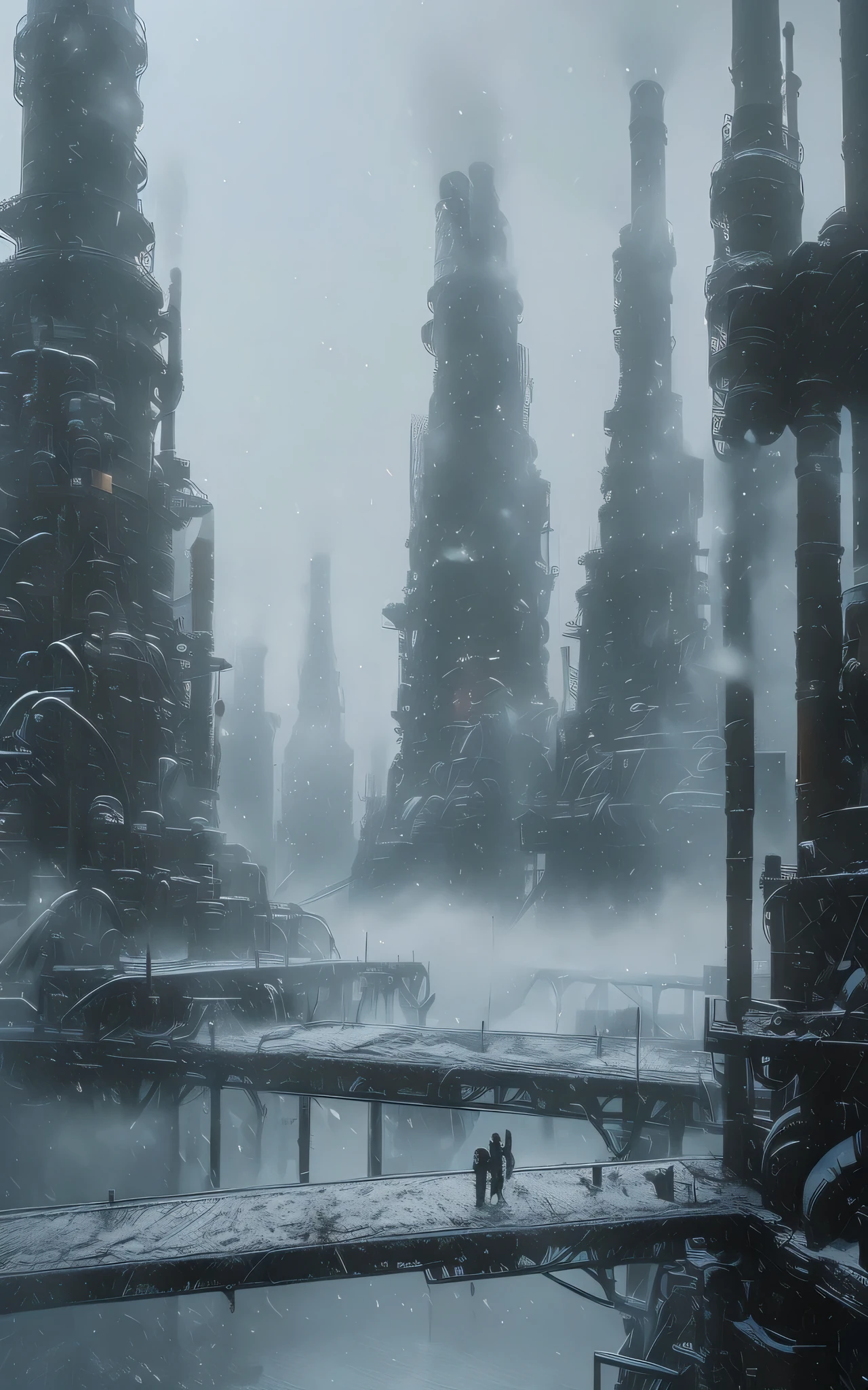 WasteLand, scenery, building, snowing, outdoors, city, science fiction, standing, sky, fog, solo, bridge, 1boy,