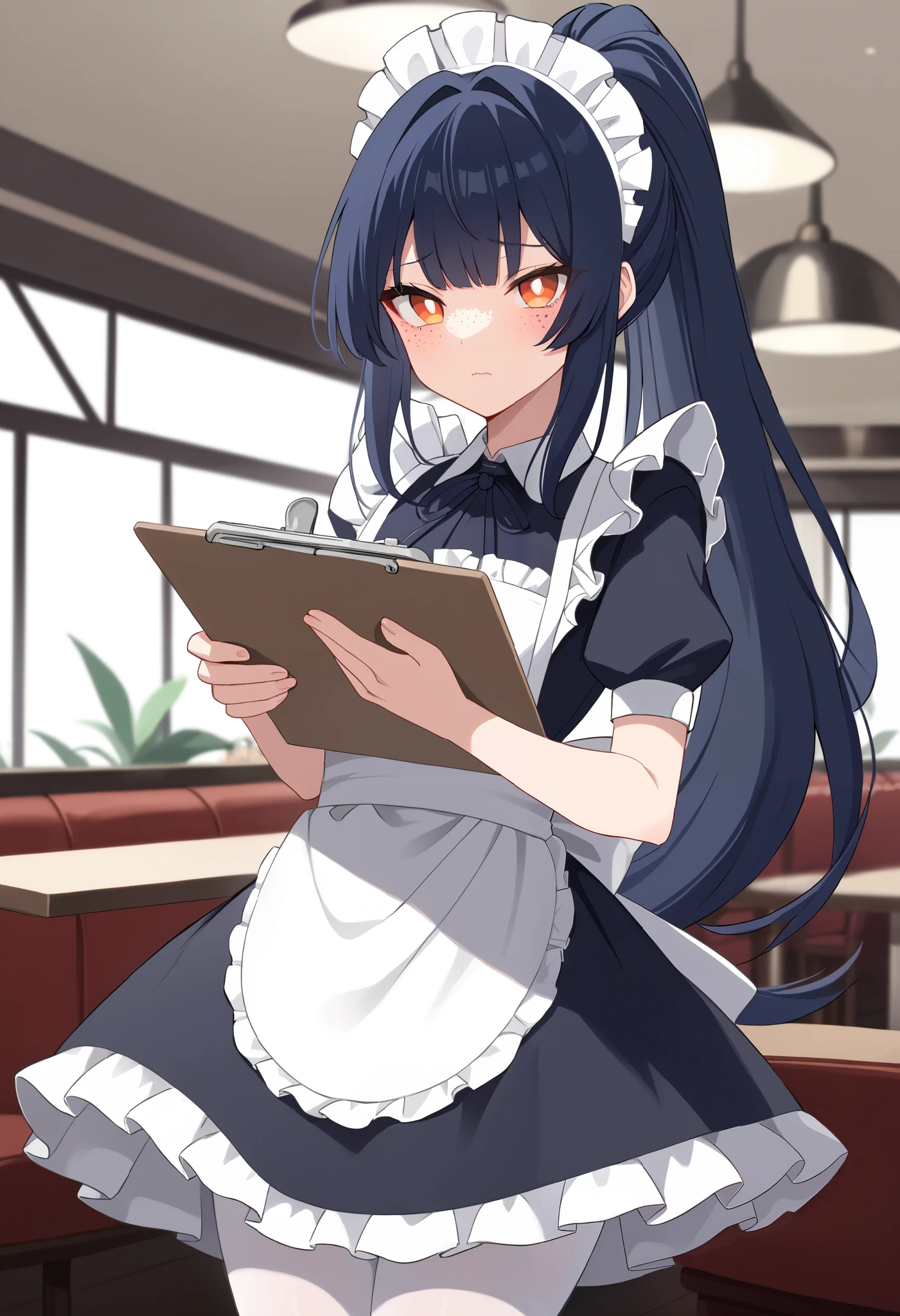 rating_safe, 1boy, solo, otoko no ko, dark blue hair, long hair, ponytail, bangs, orange eyes, white pupils, (freckles), shy, blush, flat chest, wide hips, (dark blue maid dress), maid headdress, maid apron, white pantyhose, score_9, looking at viewer, holding a notepad, indoors, fancy restaurant