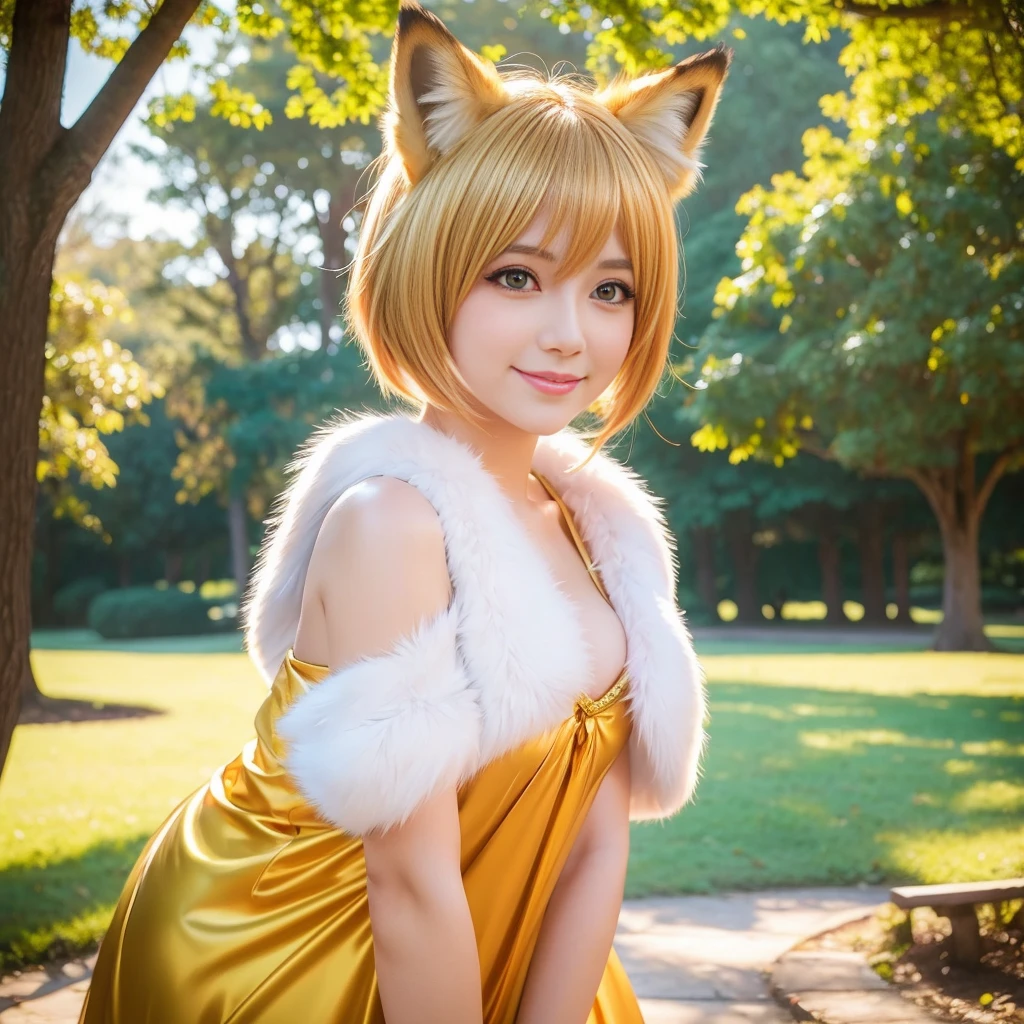 sexy golden princess, (-anime), only 1 female, very short hair, beautiful smile, lipgloss, long lashes, defined eyebrows, detailed fox anime cosplay, fluffy fur vivid colors fox outfit, fox cosplay accessoires, fox ears, vivid colors, look at the camera, cinematic light, large park background with trees, sweet and sexy pose