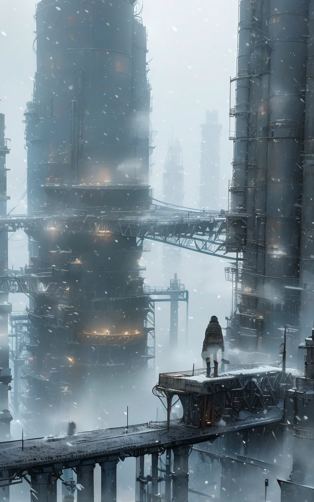 WasteLand, scenery, building, snowing, outdoors, city, science fiction, standing, sky, fog, solo, bridge, 1boy,