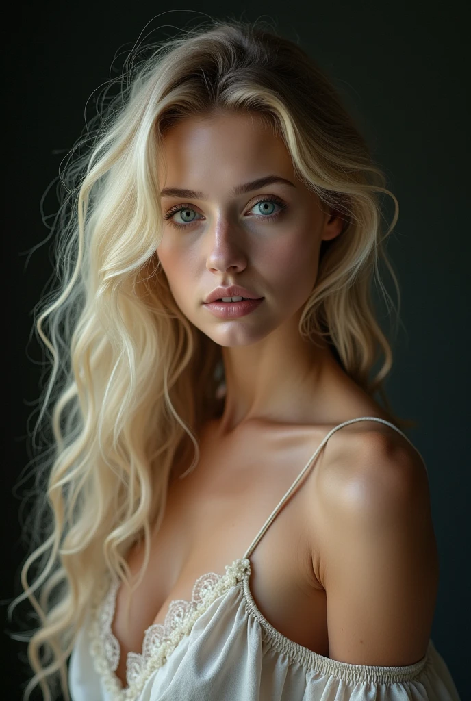 Cinematographic shot, centred, cinematrographic, intricately detailed, worked, meticulous, magnificent, maximum details, extremely hyperaesthetic, (((1girl, 独奏))), 18-years old, long hair, hair blonde, Caucasian skin, hair blonde, new, realisitic , neckleace, Raby, humida, sweat, very thin and long legs, the spectators can see the whole body, standingn, portrait of a , (muka:1.2), side-lighting, (beautiful finely detailed eyes: 1.2), master part, standing model pose, don, Detailed texture skin, detailed cloth texture, beautiful and detailed face, master part, best quality, ultra detaild, HiqcgCorpo, Lustrous Skin, abs, NSFW:1.2, (ulzzang-6500-v1.1:0.8), top-quality, Work before, ultra high def, (Foto realisitic: 1.4), Foto RAW, ((16+,A girl is naked ), (crotch exposed:1.5), (mid chest: 1.5), (medium butt: 1.5), shining skin, Eyes seductive, fully body, whitish hair.