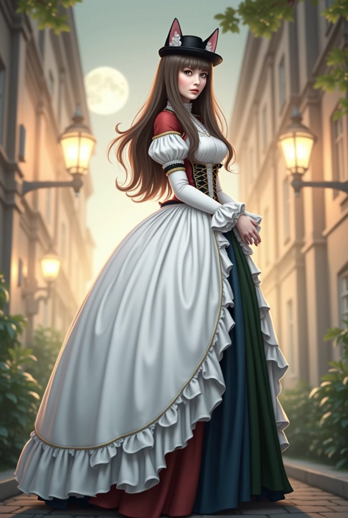 solo, women, green eyes, long hair, black color hair, bare shoulder clothing, formal outfit, long skirt, boots, diamond earrings, Gold necklace, red lipstick, gold bracelet, outdoor, medieval, park Castle, morning day, full body version, full shot camera, (detailed background, detailed hair, detailed clothing), (Bleach style art), big breasts, sad eyes, smile mouth, standing gesture