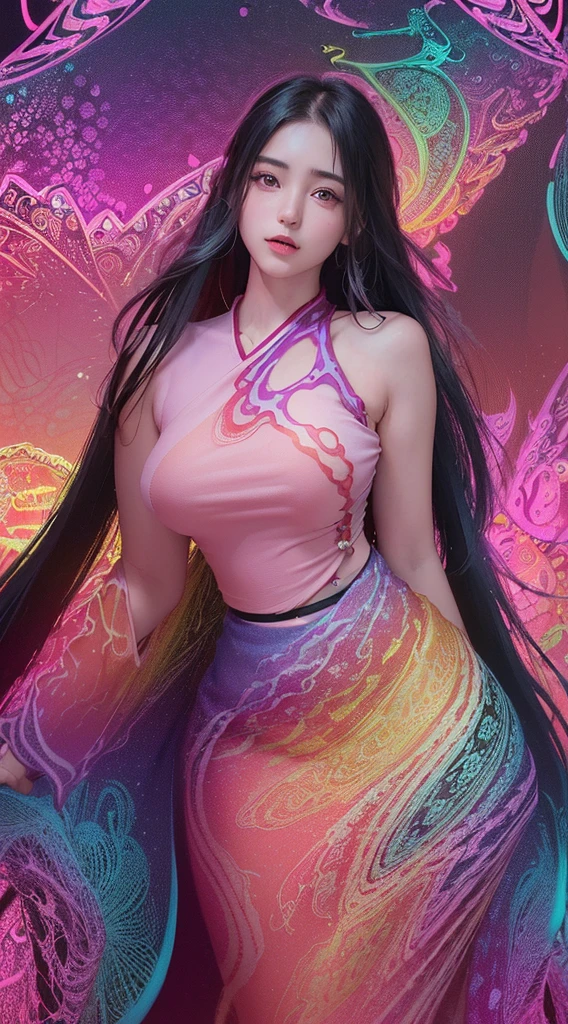 (masutepiece, of the highest quality, Best Quality, Official art, Beautiful and aesthetic:1.2), (1girl in:1.3), Extremely detailed,(Fractal Art:1.2),Colorful,highest details,( Zentangle Neon:1.2), (Dynamic Pose), (Abstract background neon:1.5), (Parliamentarian Burmese dress:1.2), (Shiny skin), (Many colors:1.4), Upper body ,neons,16 K,Full-HD