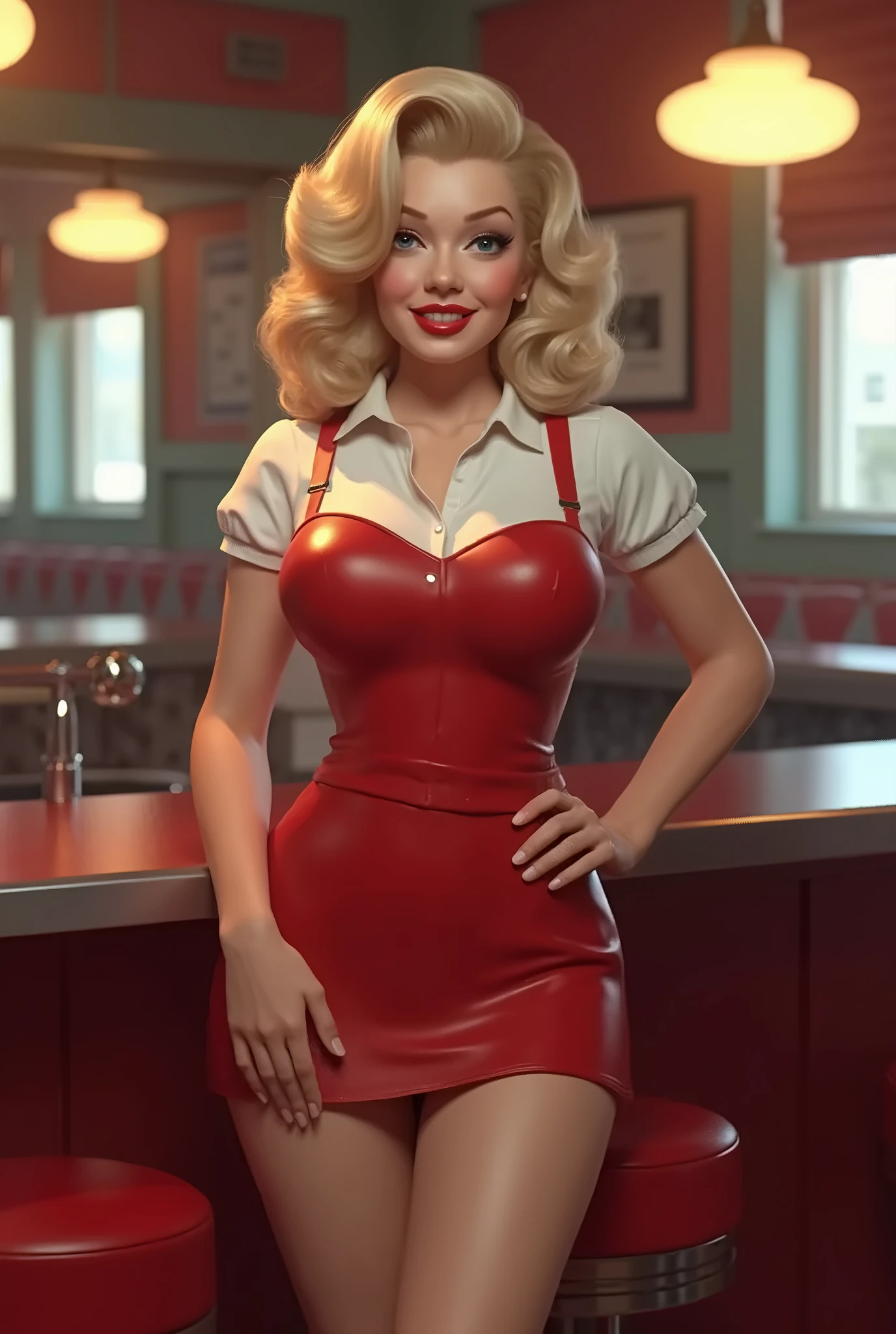 (Best Quality,4k,8K,High Resolution,Masterpiece:1.2),ultra-detailed,(realistic, photo-realistic,photo-realistic:1.37), ((Best Quality)), ((Masterpiece)), (detailed), ((Marilyn Monroe)), Sexy short and tight uniformed 1950s waitress, ((whole body)), 50's style makeup and hairstyle, ((50's diner)), ((large breasts and hips)), ((small waist)), ((classic 1950's curvy hourglass pin-up girl figure with long eyelashes, American typical facial features of a ager)), cute dimpled cheesecake smile, ((blushed, pink cheeks)), ((super mini skirt showing long, shapely legs)), Bobby Parish, well drawn, perfect eyes, (well drawn hands), perfect teeth, (well drawn anatomy) (kitsch), (cinematic lighting)), (cinematic lighting)), (cinematic lighting)), (cinematic lighting)

Translated with DeepL.com (free version)