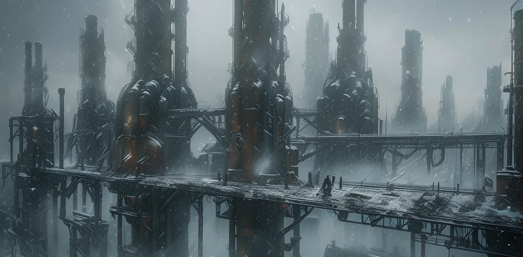 WasteLand, scenery, building, snowing, outdoors, city, science fiction, standing, sky, fog, solo, bridge, 1boy,