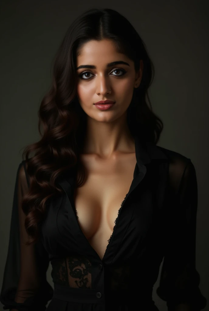 portrait, north indian woman, attractive, age 20, fair skin, open and long black hair, dark brown eyes, high key lighting, filmic, cinematic, photorealistic