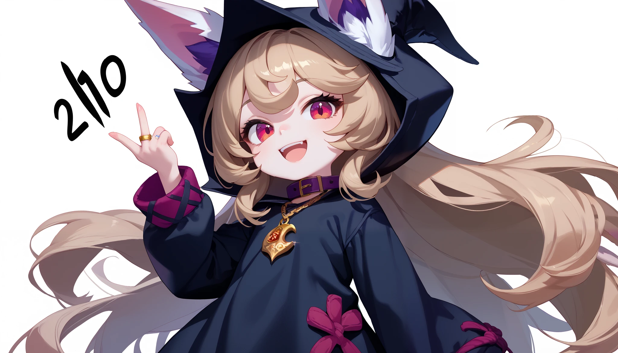 (masterpiece:1.3), (best quality:1.3), (very detailed), (anime style:0.1), game cg, anime coloring,((simple white background)),VexLoLXL,big eyes,yordle,shortstack,red eyes,((light brown hair,bangs,long hair)),shiny_skin,white_skin,white skin,black hood,hood up,ears through headwear,white animal ears,black shirt,purple collar,gold pendant top,long sleeves,black dress,long dress,bare hands,((solo)), 1girl,smile,((cowboy shot,looking at viewer)), open mouth, ((Hand, gesture, number three, fingers, index, middle, ring, thumb, pinky, natural, relaxed, shading, simple, transparent, focus.)), ok sign