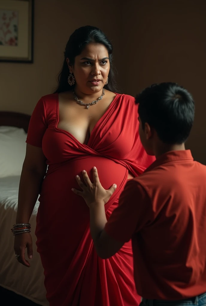 A 40 year old Indian chubby woman, who has a towel wrapped around her body after a shower, stands in front of a mirror, And an 1 Indian boy wearing tshirt and shorts is watching the woman secretly  sneaking from behind door.