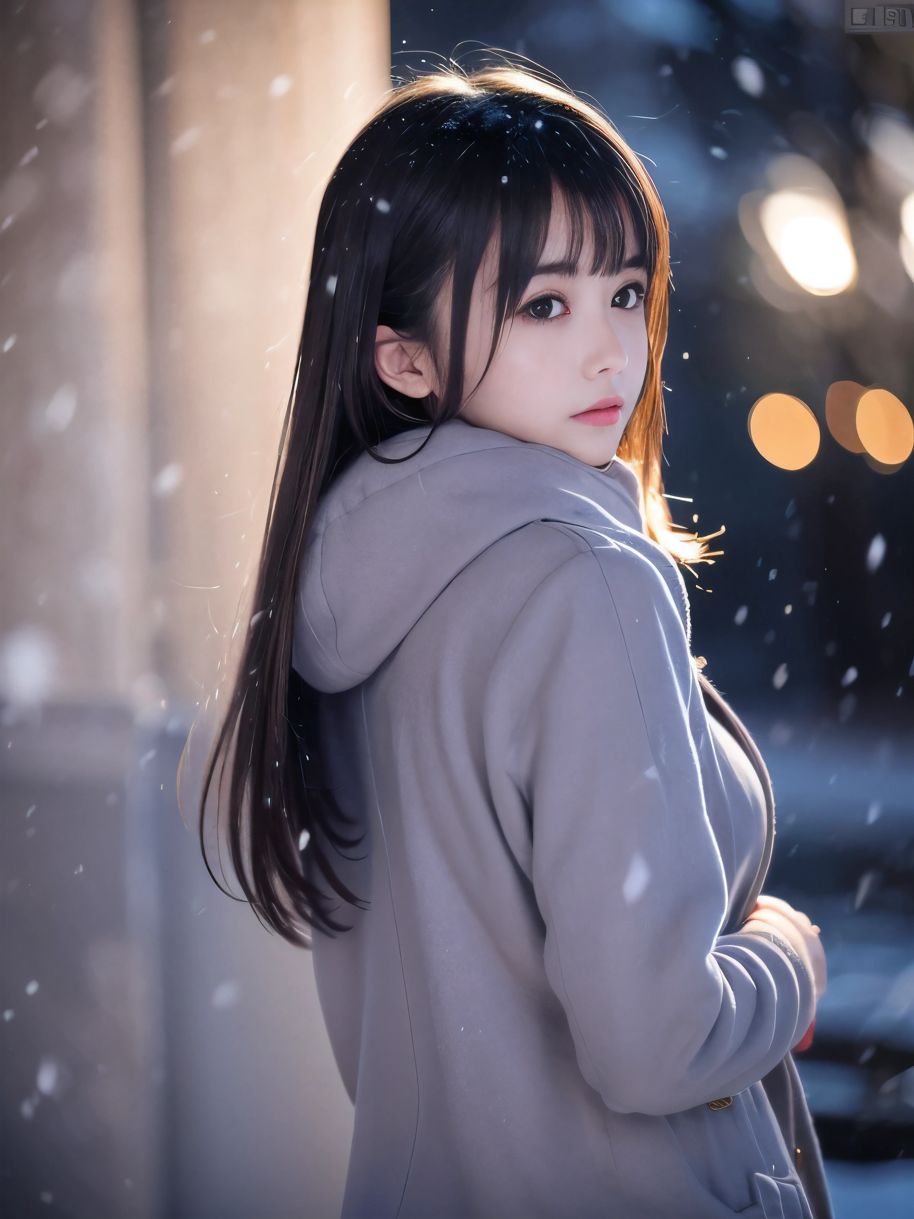 (Close-up face shot of one slender small breasts half up brown long hair with bangs girl in a winter long coat and scarf:1.5)、(One girl is looking back with crying face:1.5)、(Very beautiful Christmas illumination night:1.5)、(Heavy snowing night:1.5)、(blurred background:1.5)、(Natural light:1.5)、(8k ultra detailed master piece:1.5)、(perfect anatomy:1.5)、(Photorealistic stick:1.5)、(Raw photo:1.3)、(highest quality:1.5)、(High resolution:1.3)、(Delicate and beautiful perfect face:1.3)、(Delicate and beautiful eye air skin:1.3)、(Real Human Skin:1.3)、((thin legs))
