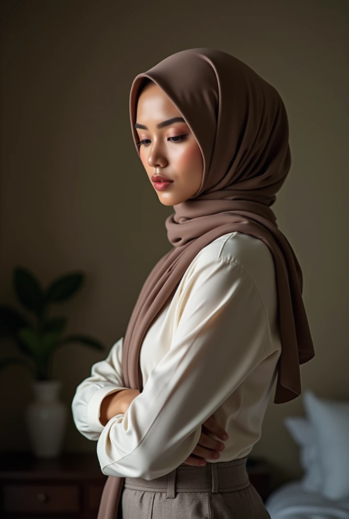 (best quality,4k,8k,highres,masterpiece:1.2),ultra-detailed,(realistic,photorealistic,photo-realistic:1.37),portrait, indonesian woman, simple hijab, sitting, chair, showing empty table, detailed eyes, detailed lips, serene expression, graceful pose, soft lighting, vibrant colors