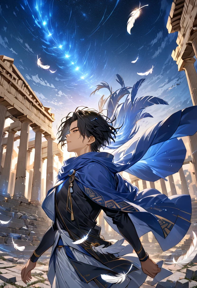 (masterpiece,  best quality :1.2),  The Eternal Traveller: The Black-Haired Young Man"Asuka" , clothing:Wear a traveler's cloak , background: ruins of a Greek temple  , The wind blows through and the feathers dance , The six stars of Subaru shine in the sky,  bust up shot 