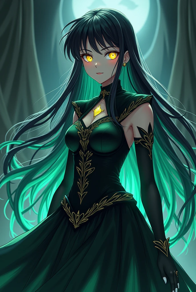 a picture of a sea witch, long dark green hair, evil, villain, she is coming to you, dark fantasy, dark lake, dark forest, lightning, glowing eyes, wearing a dress made of algae, masterpiece, dangerous eyes, detailed eyes, detailed skin, sharp eyes