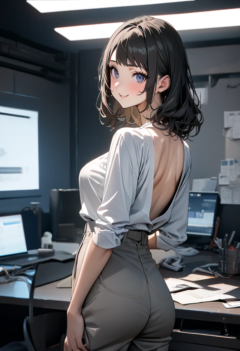 ( top quality, 8k, 32K,  Masterpiece  ,  super high resolution:1.2),  one girl,  beautiful Japanese woman ,  Thin Waist, grey suit,  white shirt, OL,  suit pants,  chest hanging from behind ,  office room, PC sticking out butt:1.2),  detailed face , ,,(High Quality, Vivid Colors, Studio Lighting)(High Resolution, Ultra High Resolution), road、、Black Hair　、(( back view)) A face looking back、smile
