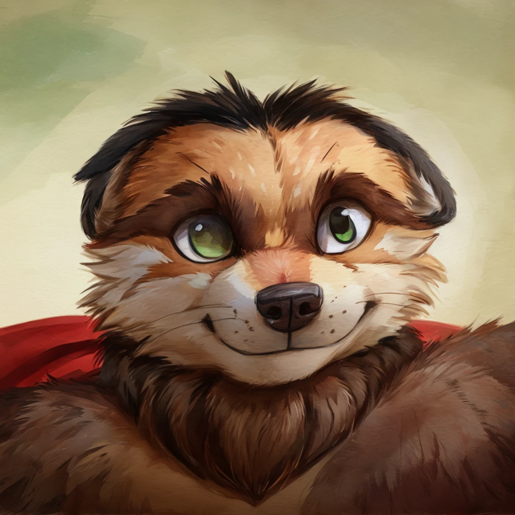 A medium closeup of an anthropomorphic, black hair wolf, chibi style,  peppermint green eyes, dark brown beard, round eyes, round face, oval face, closed smile, high quality furry art.