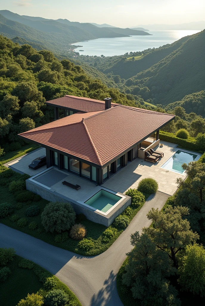 "A bird's eye view of a flat roof with a modern house showing a tiles roof in a beautiful location,