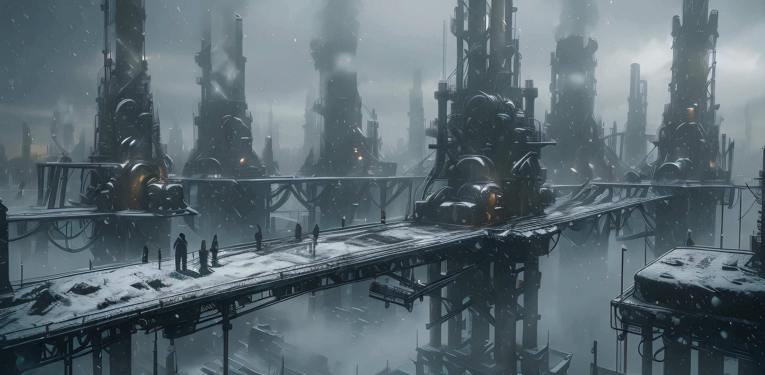 WasteLand, scenery, building, snowing, outdoors, city, science fiction, standing, sky, fog, solo, bridge, 1boy,