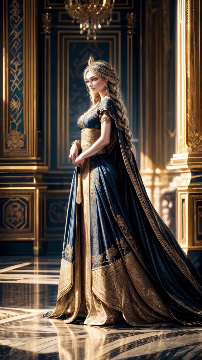 Highly detailed, realistic, cinematic. A stunning Slavic/Russian woman embodying the elegance and authority of an imperatritsa (empress). She has fair skin, striking blue eyes, and long, flowing ash-blonde hair styled in intricate braids adorned with delicate jewels. She wears a regal yet alluring gown in rich crimson and gold, with intricate embroidery and a form-fitting bodice that emphasizes her commanding presence and feminine allure. A luxurious fur-trimmed cape cascades behind her, adding to her majestic aura.

She stands in a grand palace with ornate Russian architecture, featuring towering golden domes, elaborate carvings, and richly detailed tapestries. The background is illuminated by soft, natural light filtering through tall, arched windows, casting a warm glow over the polished marble floors and lavish surroundings. Her confident posture and piercing gaze exude both power and sensuality, blending elegance with a subtle, seductive charm. Rendered in ultra-high resolution, emphasizing the textures of her attire, the intricate details of the palace, and her regal, otherworldly beauty.