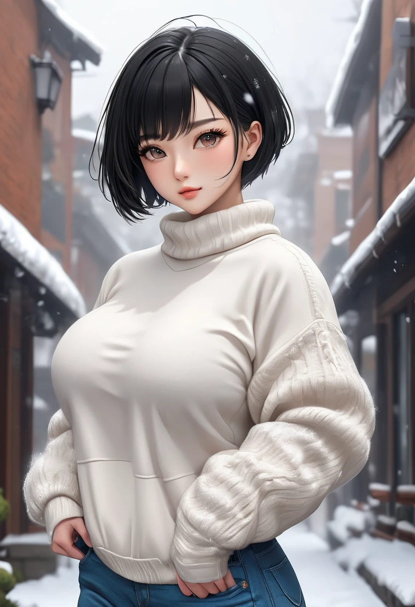 nsfw, 8k, high resolution, masterpiece, best quality, very detailed, outdoors, street, snowing, 1girl, ulzzang, beautiful cute korean college girl, black hair, very short hair, pixie cut, large breasts, gigantic hips, gigantic thighs, very thin waist, hyper muscles, huge muscles, muscular arms, muscular legs, cropped sweater, black jeans, slight smile, very tall, shredded clothes,