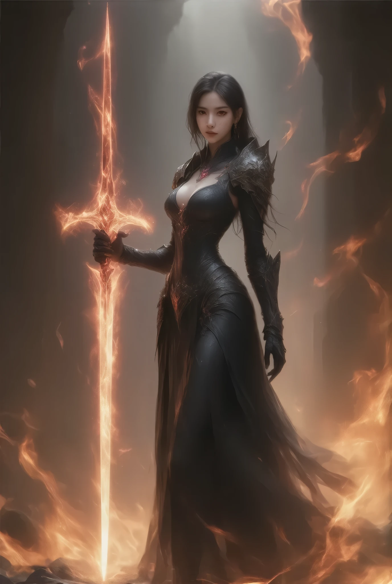 (8k, top quality, Masterpiece , Final Fantasy Style: 1.2), ( realistic , photo realistic : 1.37), super detailed, one girl, { Dark Mage with Light }, Wide viewing angle , (beautiful and huge bouncing firm ample breasts, deep cleavage:1.5) and a huge waist, sexy long legs, full body view, , Very delicate depiction , MINIATURE PAINTING , Detailed facial depiction , Detailed depiction of hair, correct skeleton, dress with intricate pattern, Complex Armor, Long and thick sword,Dreamy,A surreal mixed fantasy world,Combination of realistic and fantastical elements , magical effects ,(Terrestrial Magic Rim , cast magic , swirling magic , Particles of light), Dynamic Light ,red,, red eyes, Elegant ,Rays of Sin,dark,(Dark Magic), (strict), The Battle Between Good and Evil, ( Swirling Fire:1),universe, thunder, eruption, Magic Rim, Complex Patterns , ( Calling Phoenix :1.4), (Colossal Mother Crystal , Huge Flame:1.2)