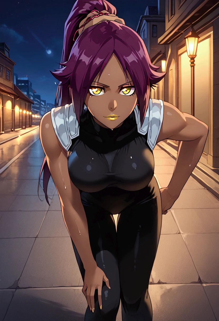 BREAK looking at the viewer, BREAK (masterpiece: 1.2), Unity 8k wallpaper, (illustration: 0.8), (beautiful and detailed eyes: 1.6), perfect lighting, (perfect hands, perfect anatomy), yoruichi shihouin, long hair, (yellow eyes: 1.5), city, on the street, night, lights, wet road, reflections, ponytail, purple hair, dark skin, dark skinned woman,
bodysuit, black bodysuit, bodysuit under clothes, sleeveless, full body, from above, bent over, yellow lipstick.