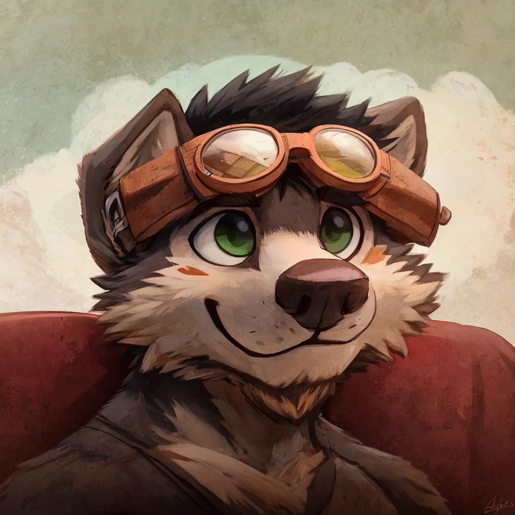 A headshot of an anthropomorphic wolf, black hair, chibi style, light green eyes, dark brown beard, round eyes, round face, reading goggles, oval face, closed smile, high quality furry art.