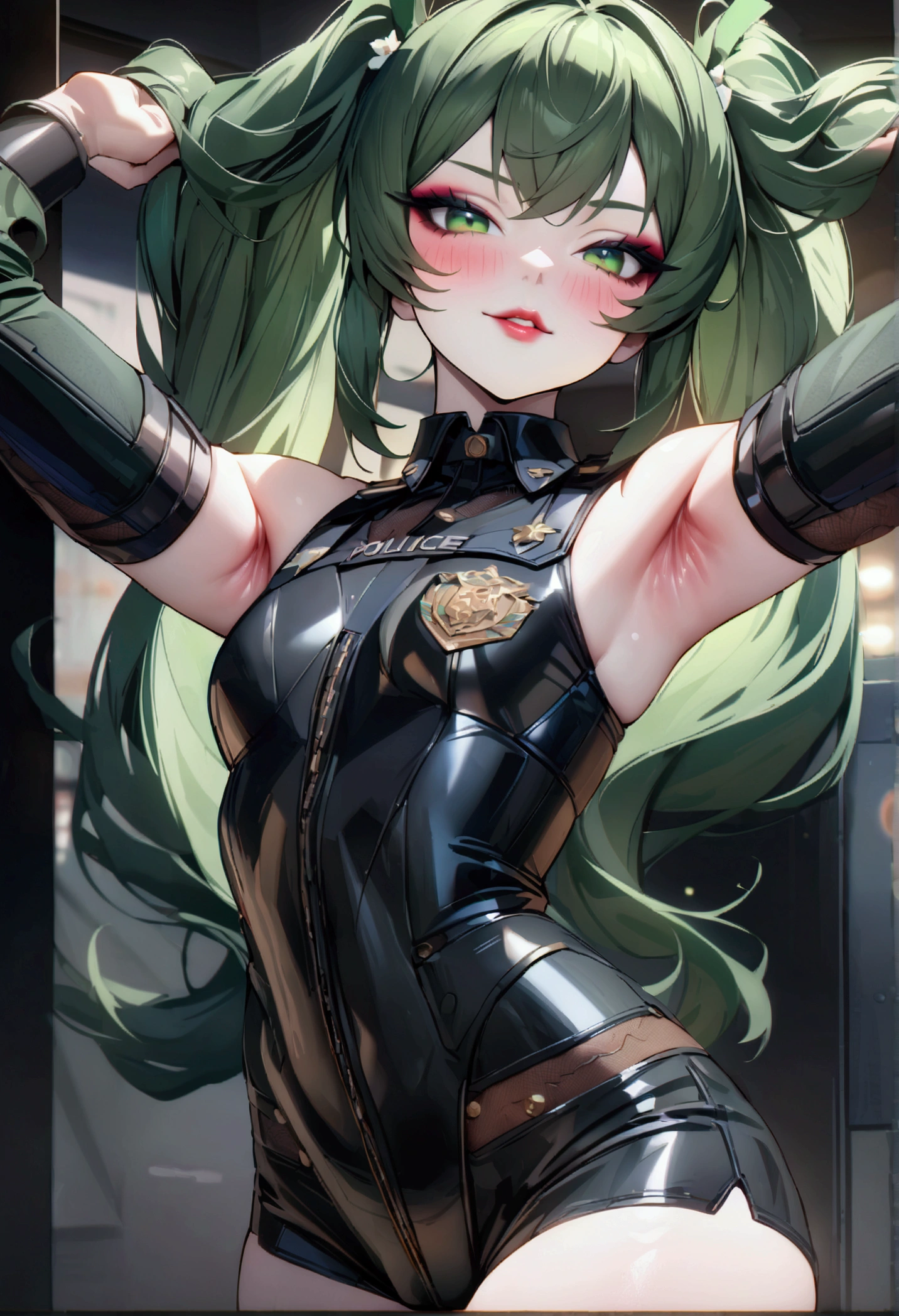 Qingyi, Night view, police uniform, Beauty, Beautiful eyes, blush, uhd, retina, masterpiece, ccurate, anatomically correct, textured skin, super detail, high details, high quality, best quality, highres, knee high boots, gloss lips, lipstick, 4K, eyeshadow, eyeliner, blush, long hair, lipstick, green hair, long eyelashes, pigtails, evil grin, armpits, android body,