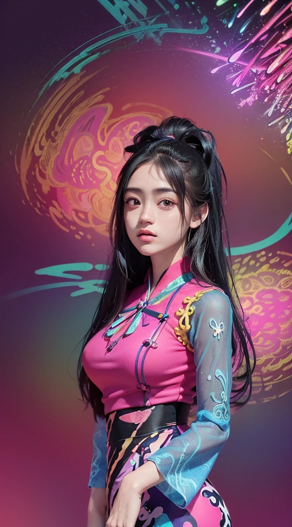 (masutepiece, of the highest quality, Best Quality, Official art, Beautiful and aesthetic:1.2), (1girl in:1.3), Extremely detailed,(Fractal Art:1.2),Colorful,highest details,( Zentangle Neon:1.2), (Dynamic Pose), (Abstract background neon:1.5), (Parliamentarian Burmese dress:1.2), (Shiny skin), (Many colors:1.4), Upper body ,neons,16 K,Full-HD