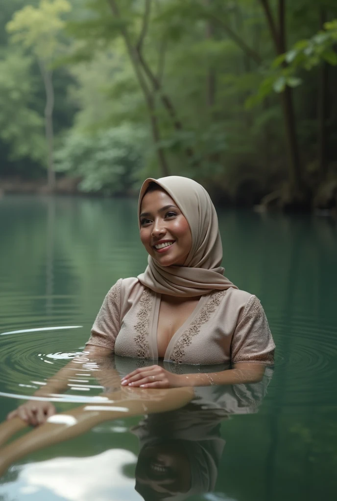 ((46 years old, Indonesian Mature woman, mature age woman, Hijab, Wearing Tight Long-Sleeve T-shirt, Wet Clothes))), ((Natural Gigantic Breast : 1.4)), casual Pose, Smiling face, Professional Photoghraphy, work By Master Of Photoghraphy, (((At Waterfall))), (((Having Bath))), Deep photo, Full body shot, 32K Best Quality photo, Ultra-high reallistic Photos.