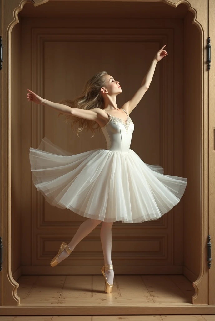 A poetic and visually captivating scene. The picture shows a beautiful blonde Russian dancer , medium breasts with delicate makeup and light eyes, wearing gray lace lingerie with rose petal details. She is dancing ballet alone in a dark room, illuminated by moonlight coming through a large window. The ballet ones she is wearing are white, which highlights her figure and her angelic face. This description transports us to a magical and romantic atmosphere, where the dancer is in the center of the room,
expressing her art and grace through dance. The combination of the darkness of the living room, The light of the moon and the elegance of the dancer creates a visually striking image full of beauty.