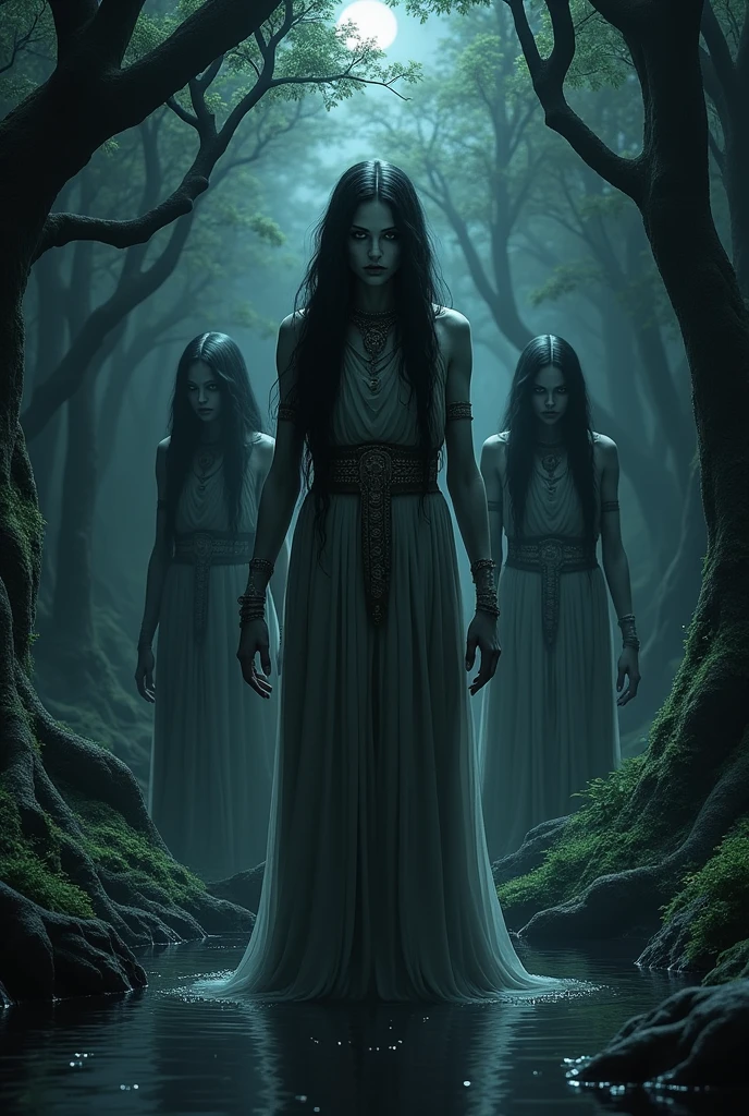 three women with horns and headdress in a forest, Hecate, hecate goddess, inspirado em Kati Horna, gothic maiden, gothic maiden of the dark, arte de terror de fantasia sombria, Mito grego do ritual escuro, gothic wraith maiden, arte digital de fantasia sombria, tattered gothic horror maiden, pagan goddess, Lilith, southern gothic art, imagem assustadora espiritual