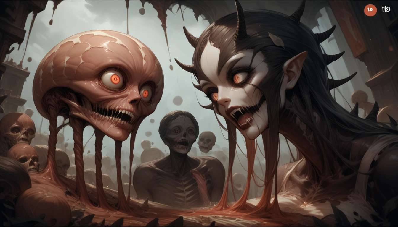 beautiful image, demonic-fantasy ,hyper surreal pleasure and suffering,,exaggerated features, lucid,atmospheric, hyperstylized abaritions, tongue elongated, entering her (Salvador dali surrealism)femalegenitalia unnerving image, (mild abstracts of obscurity)phantoms, harrowing ,expert fantasy surrealism, Unsettling, gynecologic tampering, Graphic stunning hellscape, extreme, morbid, whimsical evil Brom style character concepts (inspired by the Plucker) dave mcKean detailing mesh With minimal alien sleek surfaces hyper detailed macabre style, atmospheric,dark,, visceral,, unsettling, award winning, amaizing Artistry, perfect harsh lighting with new school art style color pops