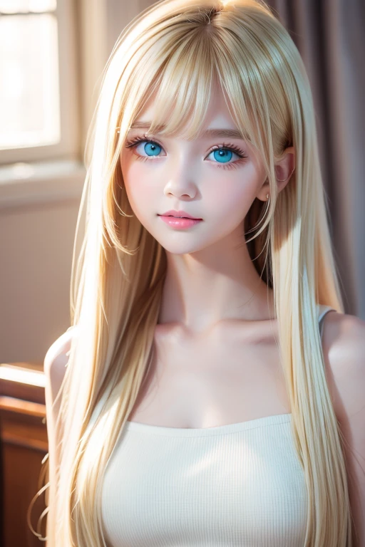 highest quality Shining, clear, white skin、Her windblown blonde hair hides her beautiful face、huge、20 years old cute sexy little beautiful face、Beautiful straight hair that stands out、growing up, Sparkling light blue eyes、long silky bangs that cover cute eyes, Sexy and cute young woman with super long hair hiding her sexy face、Super long, natural platinum blonde shiny hair Beautiful bangs that cover the forehead and reach the eyebrows Beautiful chest whole body Lower Body Overall image Sensual pose They are trying to seduce me. A devilish look peace sign extreme cosplay costumes(Goddess of victory Nikke centimeter)Like trying to kiss you with your beautiful lips