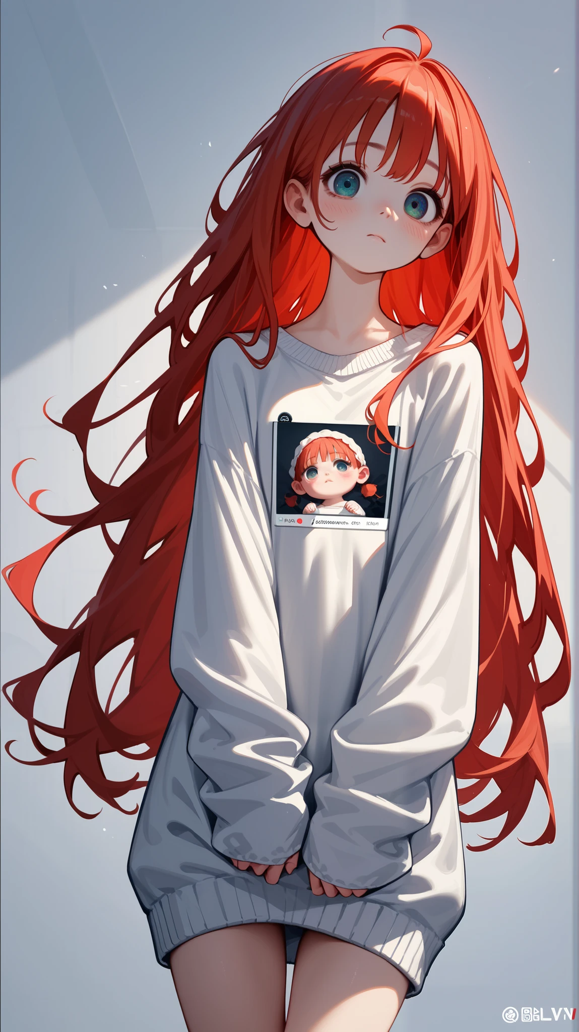 (((Solo Girl))) (  1 girl) ,   full body shot ,   taken from below  ,  RAW photo, (12yo skinny redhead girl:1.2), ((baby face)) ((intense red hair)) ((  Very Long Hair )),   blanking ,  realistic skin texture to hide female genitals ,   oversized knitted sweater , (red:0.8), Softcore,  Warm lighting ,  cozy atmosphere ,  instagram style, nsfw , Naive, shy, short, thin, fit, beautiful, cute,  pale skin, ((  blanking  )), 