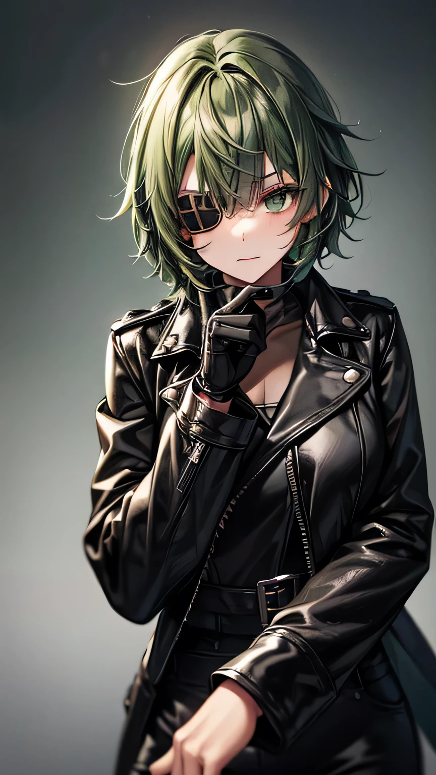     one girl，    green hair，     shortcut size that won't let my bangs fall out ，     shortcut size that won't let my bangs fall out ，   eye patch(Right eye only)， Green Eyes(left eye only)，   black leather jacket，  Black leather trousers  ，black finger cutting gloves    ，    Black Boots ， ，  Before the competition, I want a large    ，    top quality，      Masterpiece    