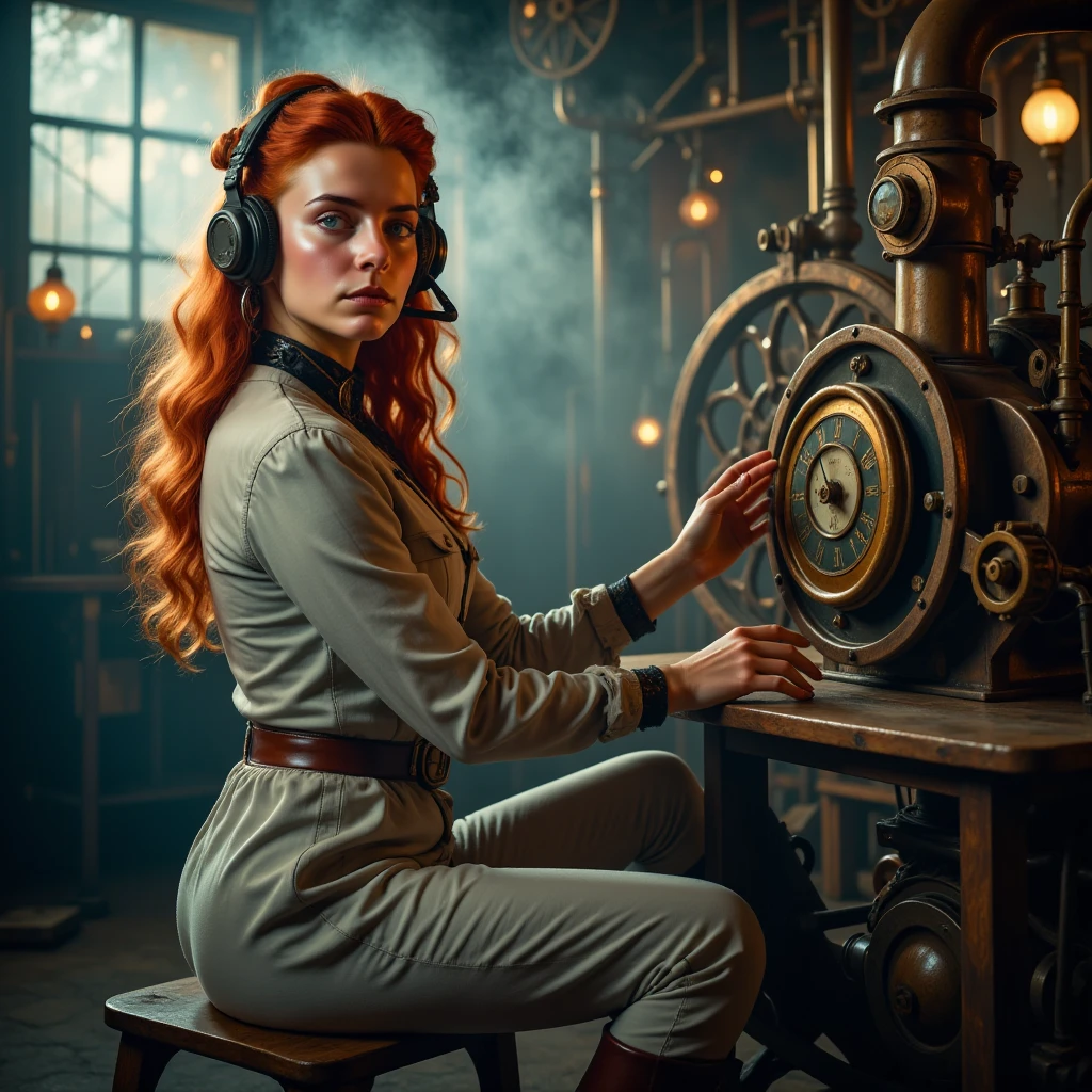 photorealistic, perfect anatomy, realistic character, hyper photorealism, very high contrast photograph, street photography, cinematic lighting, dramatic lighting, shot from the back, (((a girl is sitting and repairing a steam engine in the steamy smoky workshop))), (a 19 yo girl, (Ana de Armas:0.70), (redhead:1.1)), very cute, (perfect eyes:1.1), photorealistic wavy hair, a girl in a steampunk jumpsuit in light gray color, intercom headset, steampunk choker, long leather boots, perfect detailed face, detailed symmetric green eyes with circular iris, fixing a steam engine in the steampunk garage filled with steam and smoke, cogs and gears, steamy background with lots of steam pipes and steam valves and pressure gauges and gears, intricate background, very highly detailed costume, very highly detailed background, steampunk fantasy style, steampunk , steampunk aesthetic, steamy, smoky