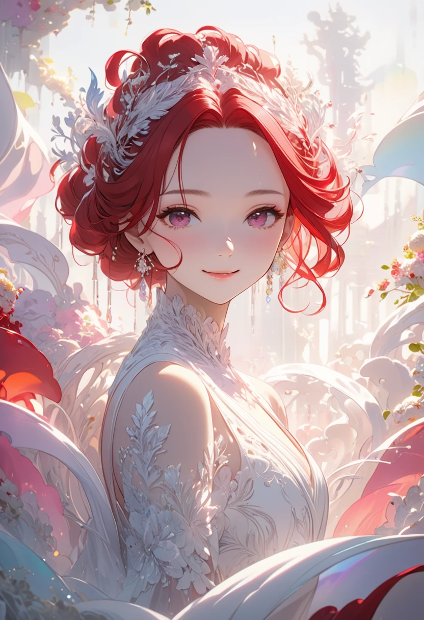 ((masterpiece)), Very detailed,(((ultra detailed face))),best quality, 8k, (柔Light), Light, 1 lady, facing the camera,red hair, forehead,elegant, Comfortable, Clean and detailed anime art, Trending on artstart, rainbow colors, milky white,  illuminate warmly, (pink and white theme),big smile,sanctuary. Pink Eyes 