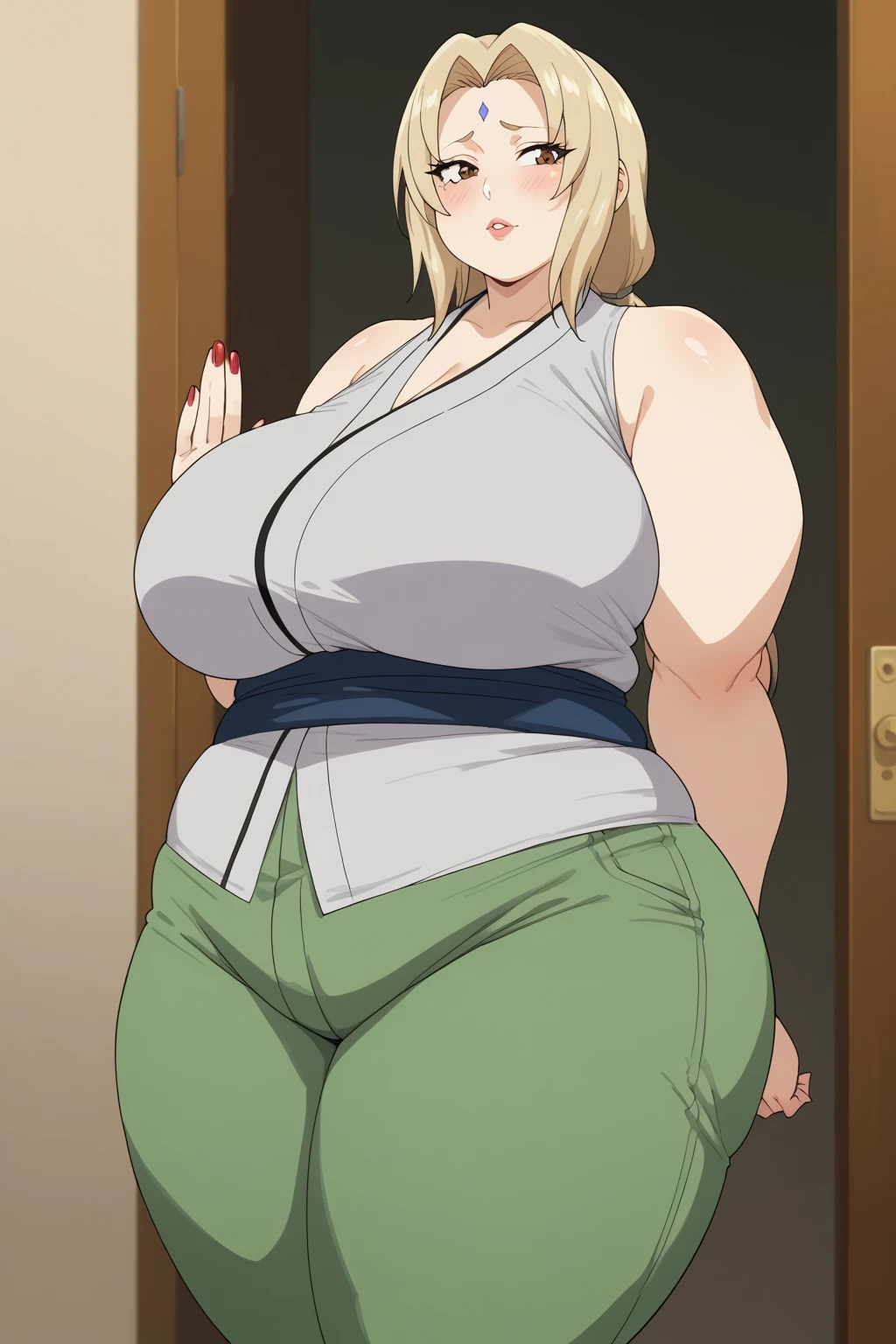   score_9,   score_8_up,   score_7_up,   score_6_up,   score_5_up,   score_4_up,     Masterpiece   ,   top quality,   line up in front of the ,   absurd, Tsunade, Tsunade,  source_Anime, Anime screencap,    one woman , Alone,  personal  ,  Brown Eyes ,   blond hair ,   long hair, Super huge breasts, (((Super huge クレビス, Super huge , Super huge boob))), Curvy,   Wide Hips  ,   shy expression , indoor, Fat body,   chubby, obesity , chubby , weight gain ,  embarrassing,   Untidy Stomach ,  Protruding Stomach  , Putty Clothes ,   mature mature ,   embarrassing , Fat face, double chin ,   Annoying Expression ,  fat woman , huge arms and legs,  Big Breasts とお尻 , huge saggy tits ,  chubby,  mature woman ,  Big Breasts , Red nails, Costume_2,  grey kimono,  sleeveless kimono , clavicle,Navy blue belly band ,  navy blue linen pants  , chubby, ssbbw, clothes that don't fit the size