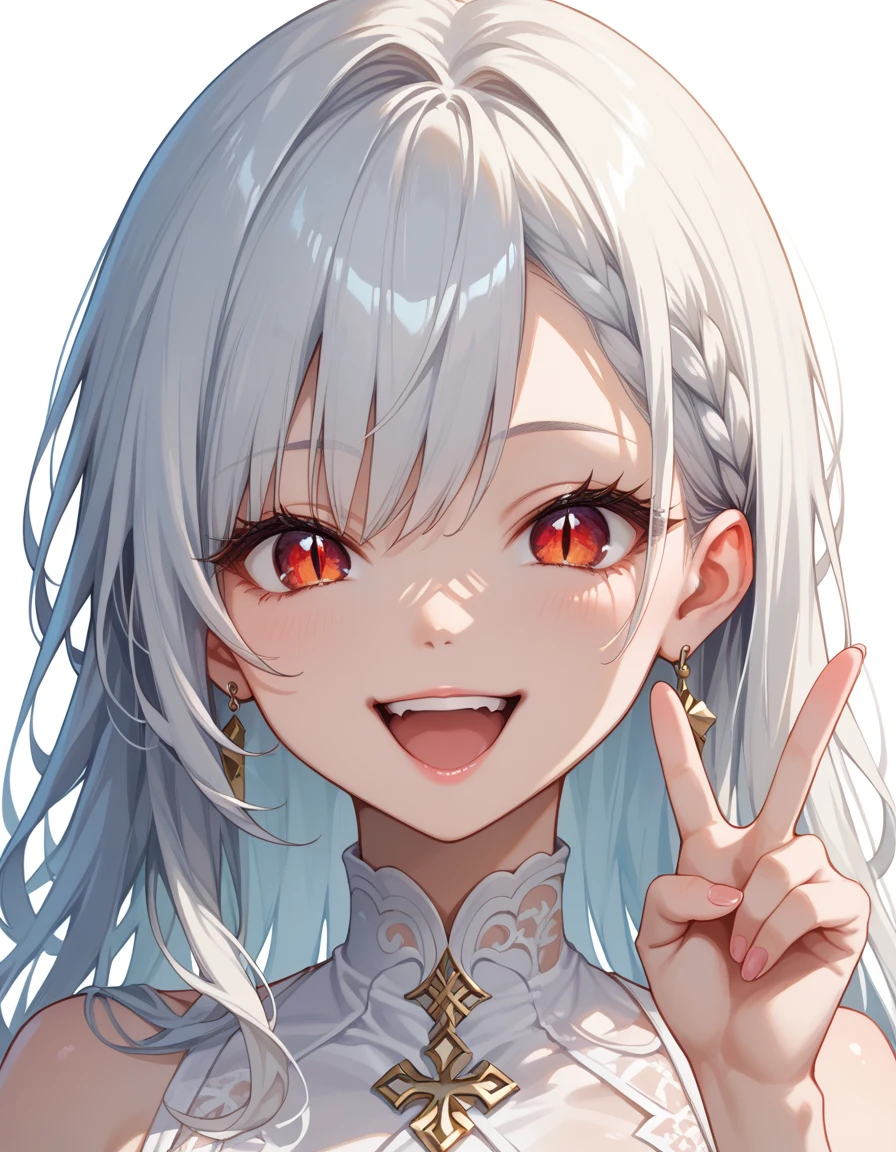 (masterpiece, best quality:1.4), 1 girl, 独奏, Anime style, Red pupil, Blurred eyes, Smile, Slightly look up, Pink lower lip, Left index finger touching face, Silver asymmetrical hairstyle, Long bangs on one side, High ponytail royal sister, Huge breasts, Dress dress, Vision, Pink background.