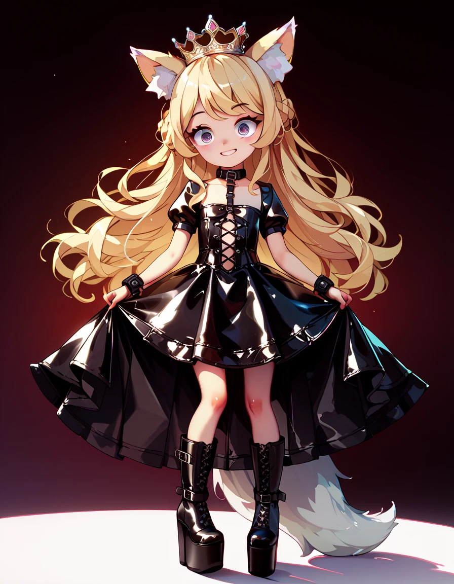  high image quality、 High Quality 、 petite girl、 big eyes、Droopy eyes、smile、Pure、crown、Wolf ears、Wolf Tail、Blonde、Platform boots、princess、 leather bondage dress