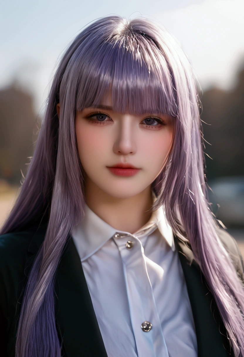 bmasterpiece、top-quality、hight resolution)、 Real life adaption for this character, Masterpiece, high quality, best lighting, cinematic, 1girl, kirigiri kyouko, purple hair, (perfect body), ((schoolgirl uniform)), looking at viewer, standing, outdoors