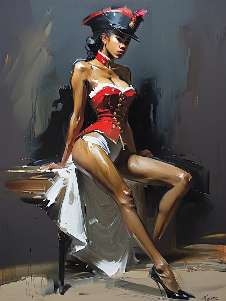 Very authentic painting by (Fabian Perez:1.3) , (Henry Asencio:1.2), (Alessandro Barbucci:1.1),  a beautiful, very attractive , xsexy, ,  mulatto woman wearing historical Austria-Hungary hussar uniform,  master piece,  full body,  feminine attractive face and nose, complete body view,  perfect body,  beauty, sensual feminine romance, front view, full body view , visible flat brushstrokes, thick layers of paint, light leaks, night scene,.. on dark background, light leaks, The painting is done with loose brushstrokes and vibrant rich imperial colors. The overall mood of the painting is provocative, sensual and intimate, confident posture, (a gap between the legs through which light penetrates)