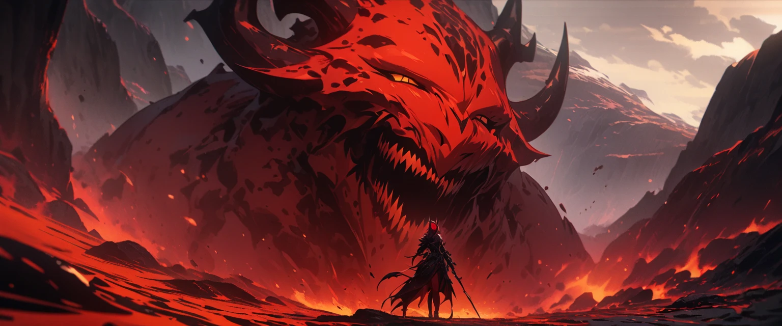 ( High Quality , 8k, 4K,  high detail,  High Contrast ,   Masterpiece  :1.2, 最 High Quality ,  best aesthetics), (( 1 Woman )), detailed face ,  devil in the Lava, Red skin, Lava body, devil horns, devil&#39;wing, 低いwing, Encased in lava, devil&#39;roar, impressive fantasy art,  random pose ,  Dutch angle , Lava Landscape,  Ultra Fine Illustration .