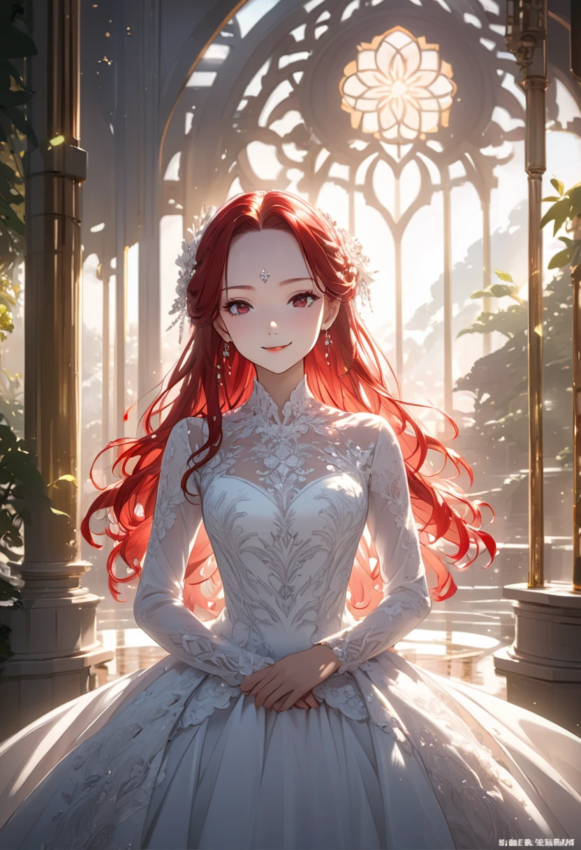 ((masterpiece)), Very detailed,(((ultra detailed face))),best quality, 8k, (柔Light), Light, 1 lady, facing the camera,red hair, forehead,elegant, Comfortable, Clean and detailed anime art,  illuminate warmly, ,big smile,sanctuary. Pink Eyes 